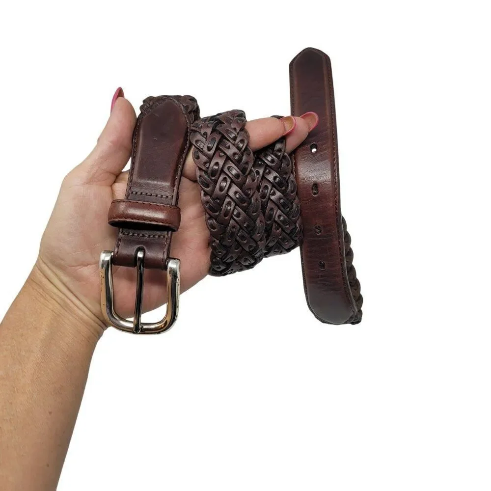 Vtg Brighton Mens Braided Leather Belt 36 Brown Silver Buckle Weaved Country